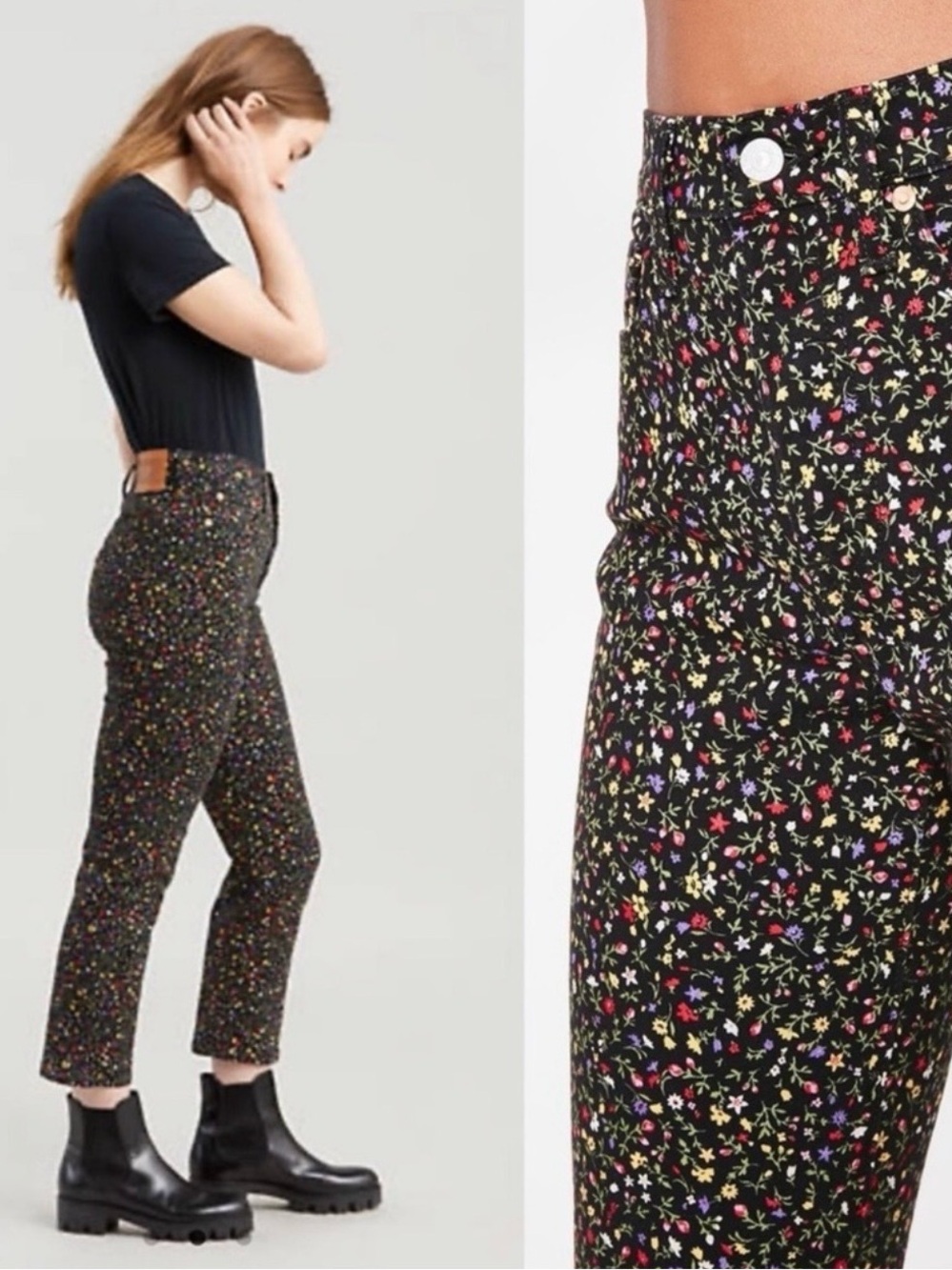 Levi's Wedgie Straight Secret Garden Black Floral Ankle High Waist Jeans Size 31